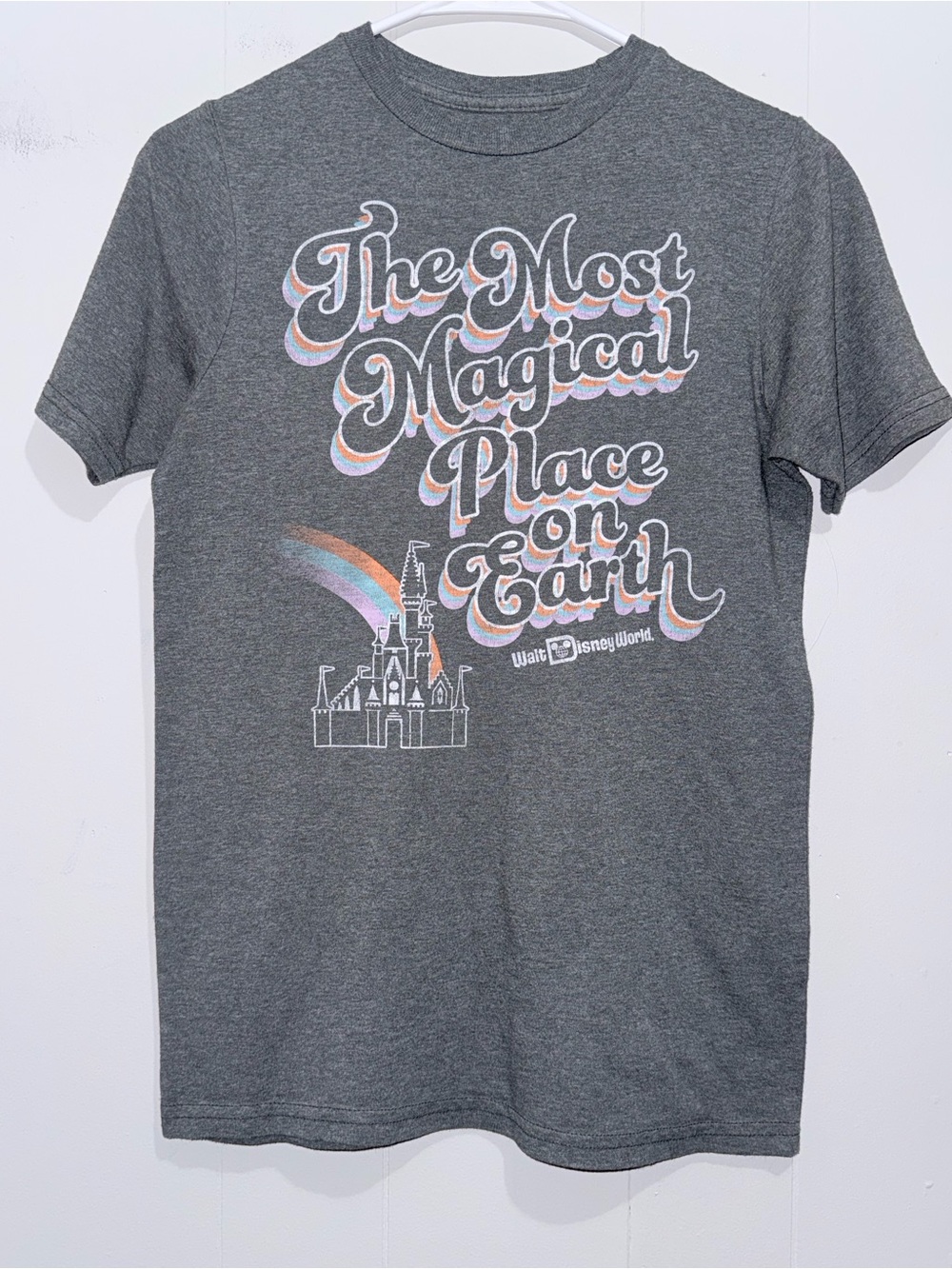 Disney Parks Youth XL (14) Retro Rainbow Castle Graphic Tee Grey